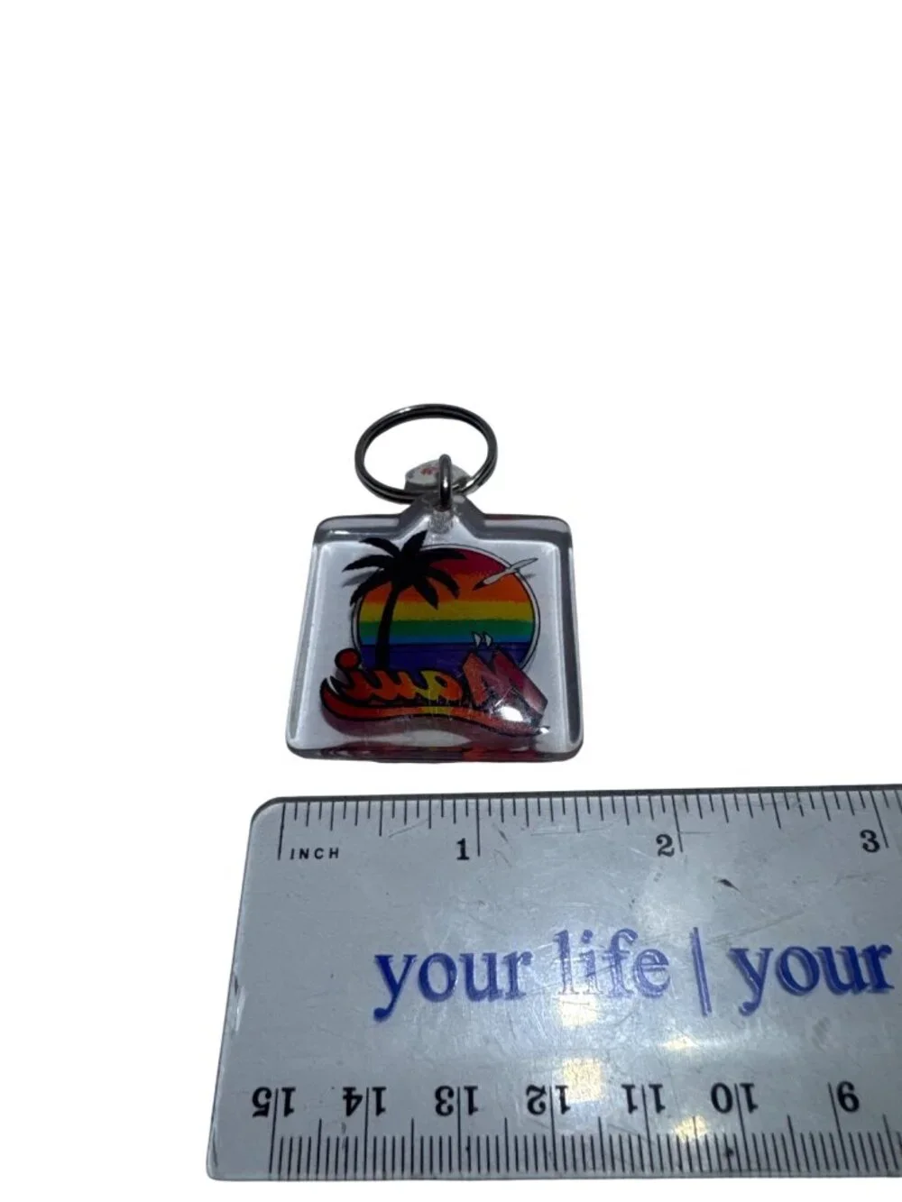Maui Acrylic Keychain With Rainbow Sunset & Palm Tree Design Pre-Owned